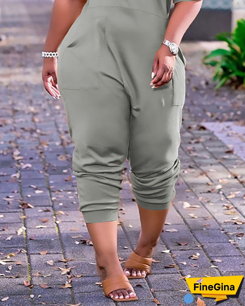 Letter Print V-Neck Short Sleeve Pocket Design Jumpsuit