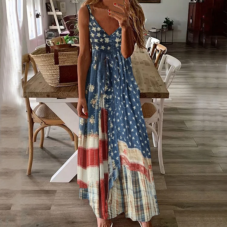 VChics Women's Vintage Independence Day Flag Check Dress
