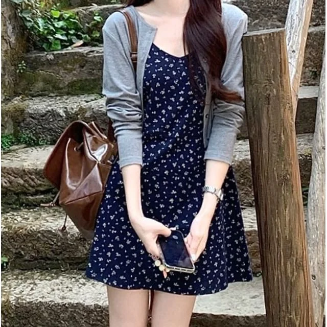 Strap Floral Crop A-Line Spaghetti Dress / Melange Cardigan Mini