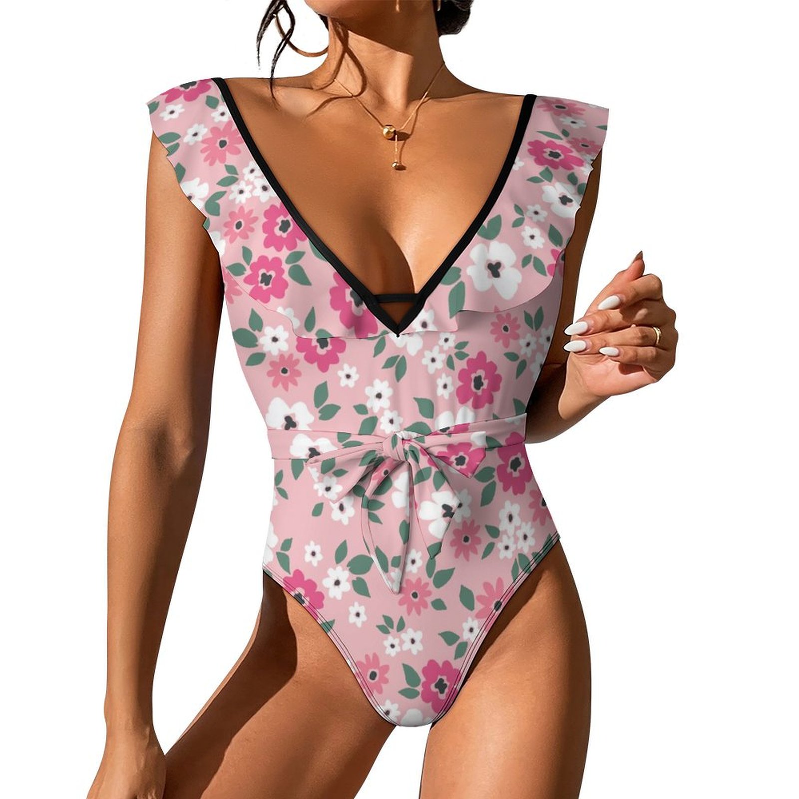 Women's White And Pink Flowers One Piece Swimsuits Sexy V Neck Bathing Suit
