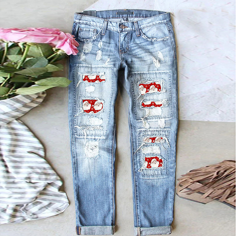 Santa Print Panel Ripped Straight-Leg Jeans wearshes