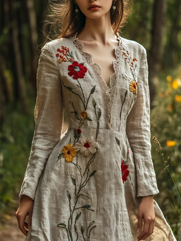 Vintage Forest Floral Embroidery Art Women's Linen Flowy Maxi Dress