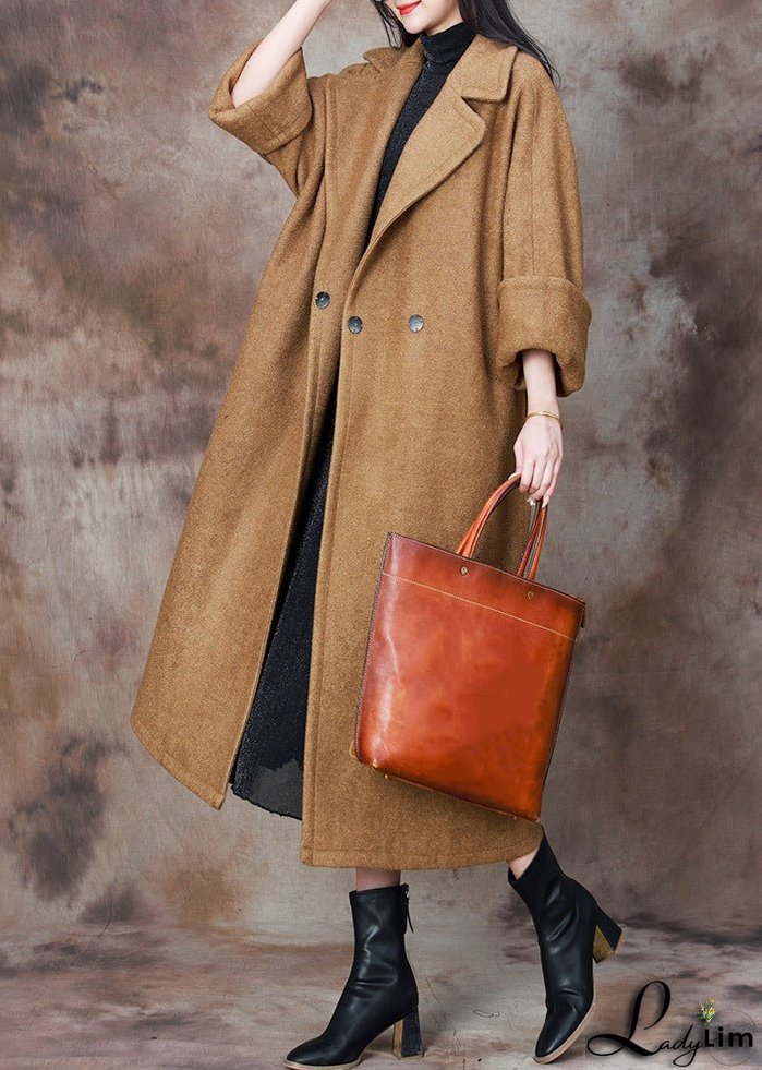 French Camel Notched Button Woolen Long Coat Winter