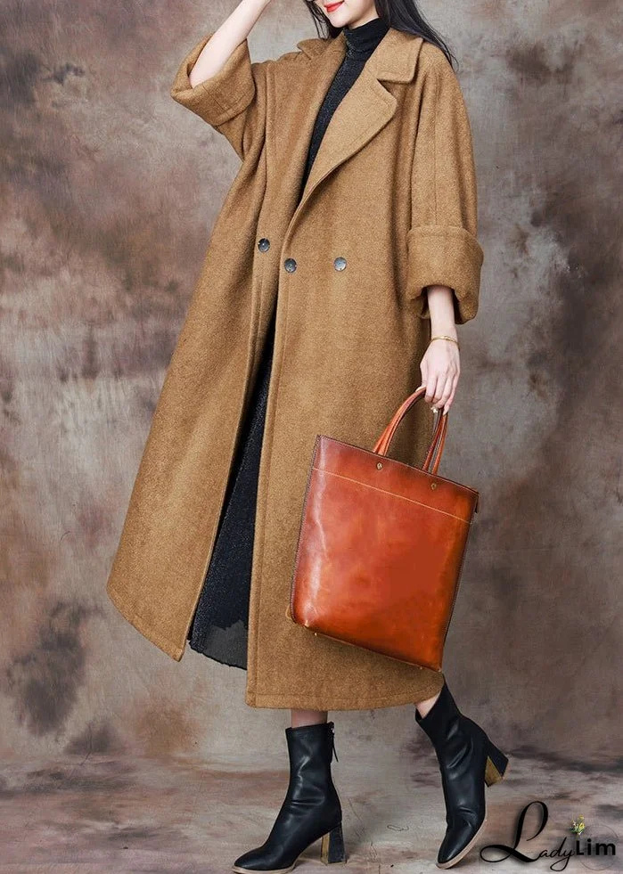 French Camel Notched Button Woolen Long Coat Winter