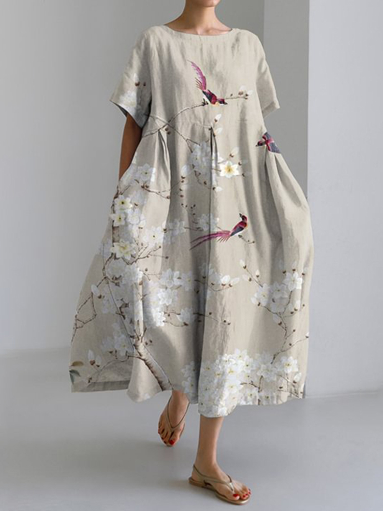 Comstylish Floral Print Crew Neck Short Sleeve Loose Midi Dress
