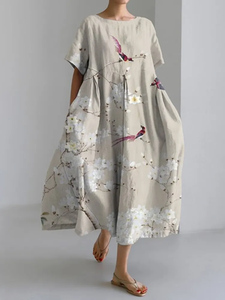 Floral Print Crew Neck Short Sleeve Loose Midi Dress