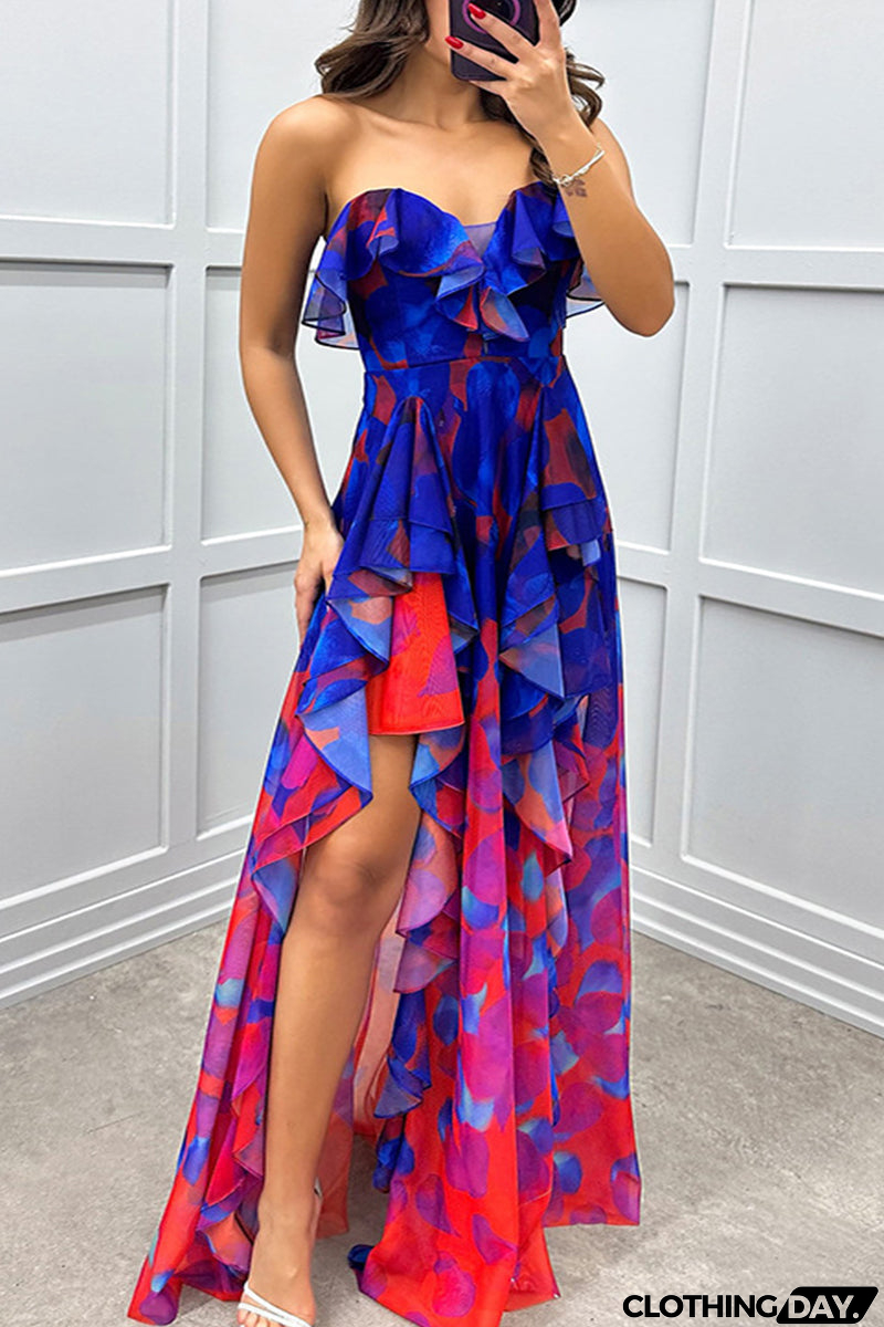 Sexy Gradient Print Ruffle Slit Strapless Irregular Dresses(3 Colors)