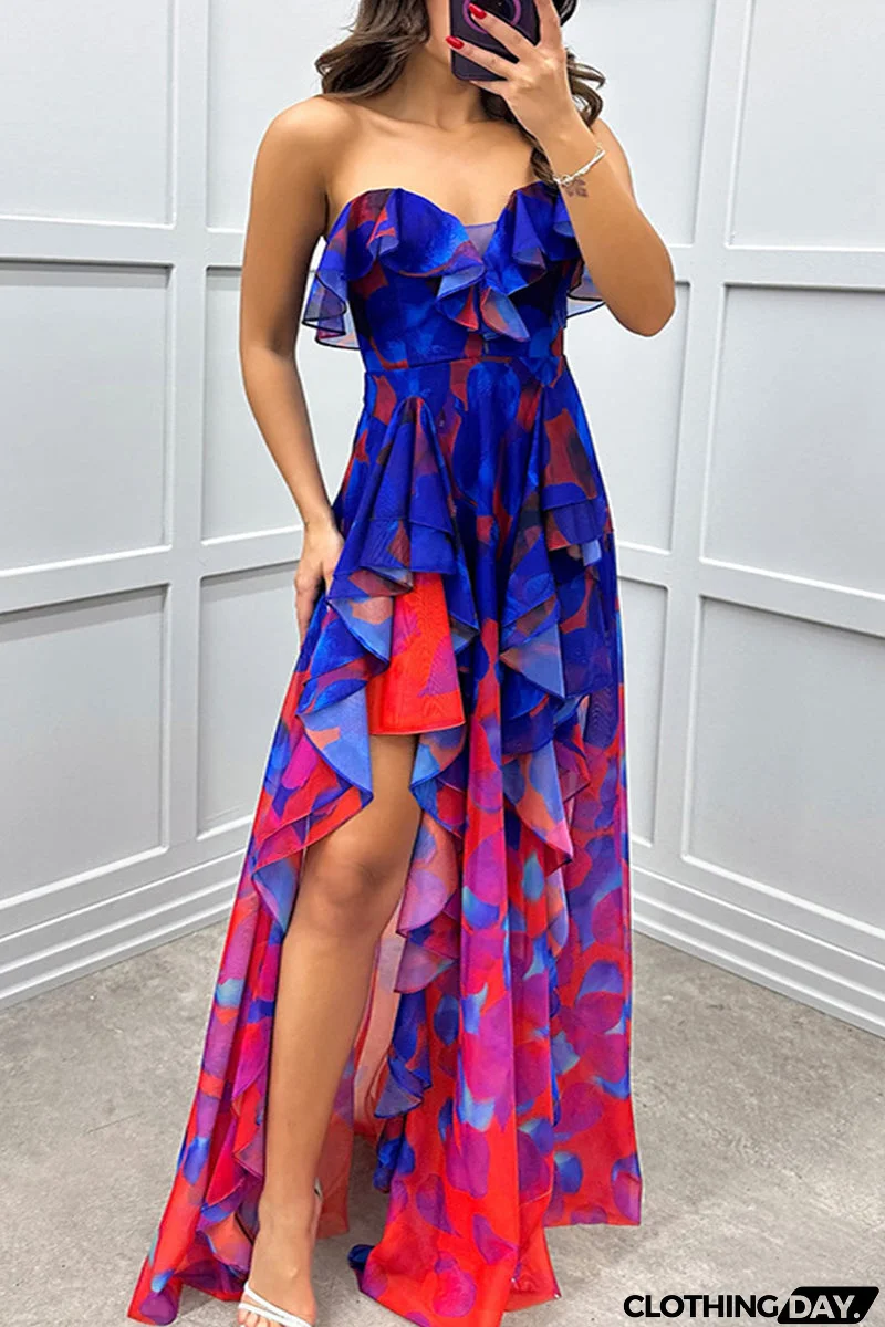 Sexy Gradient Print Ruffle Slit Strapless Irregular Dresses(3 Colors)