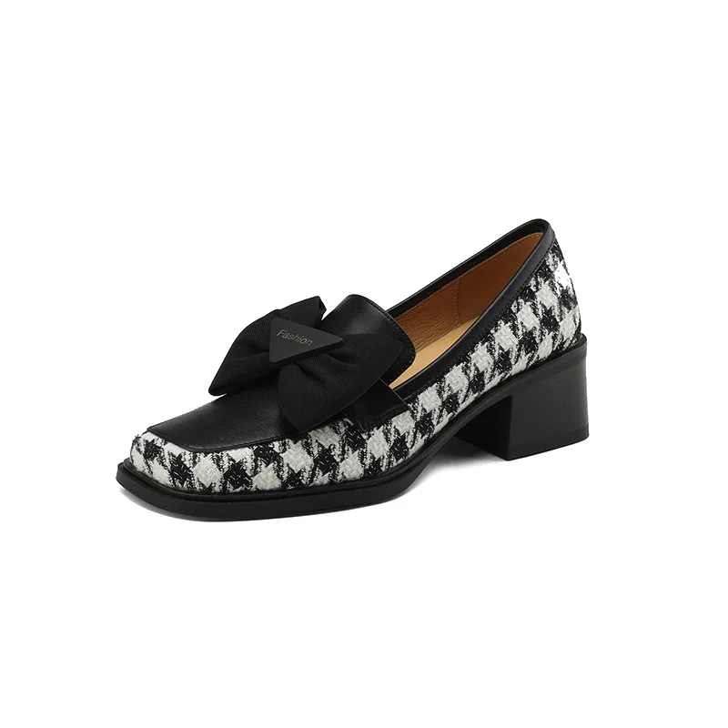 Comfortable Houndstooth Bowknot Slip-On Style Women Shoes