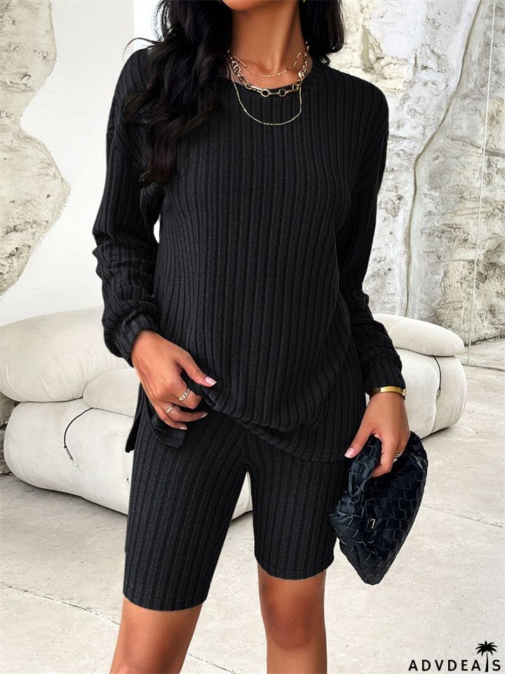 Female Pure Color Leisure Knitted Sweater + Shorts Two-piece Set