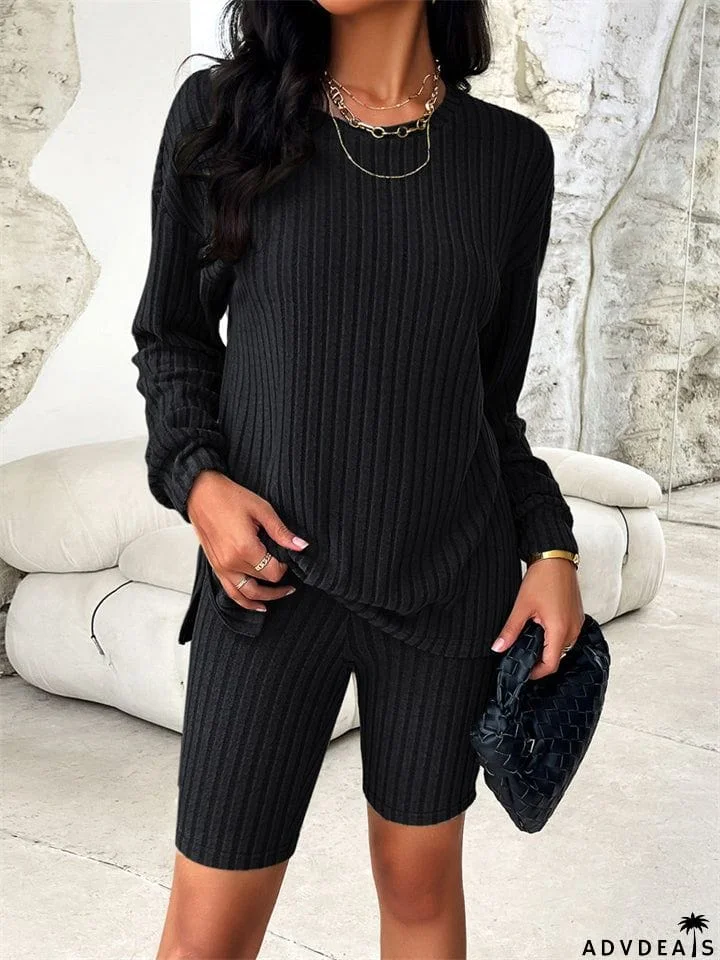 Female Pure Color Leisure Knitted Sweater + Shorts Two-piece Set