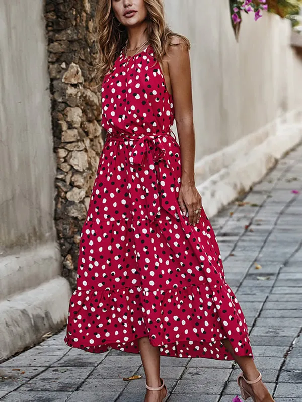 Round neck sleeveless Polka dot printdress