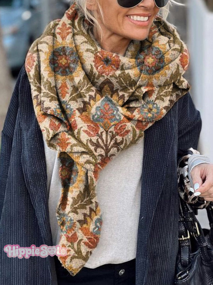 Women’s Vintage Floral Pattern Print Casual Knitted Blanket Poncho Hood Cape Multicolor / Onesize