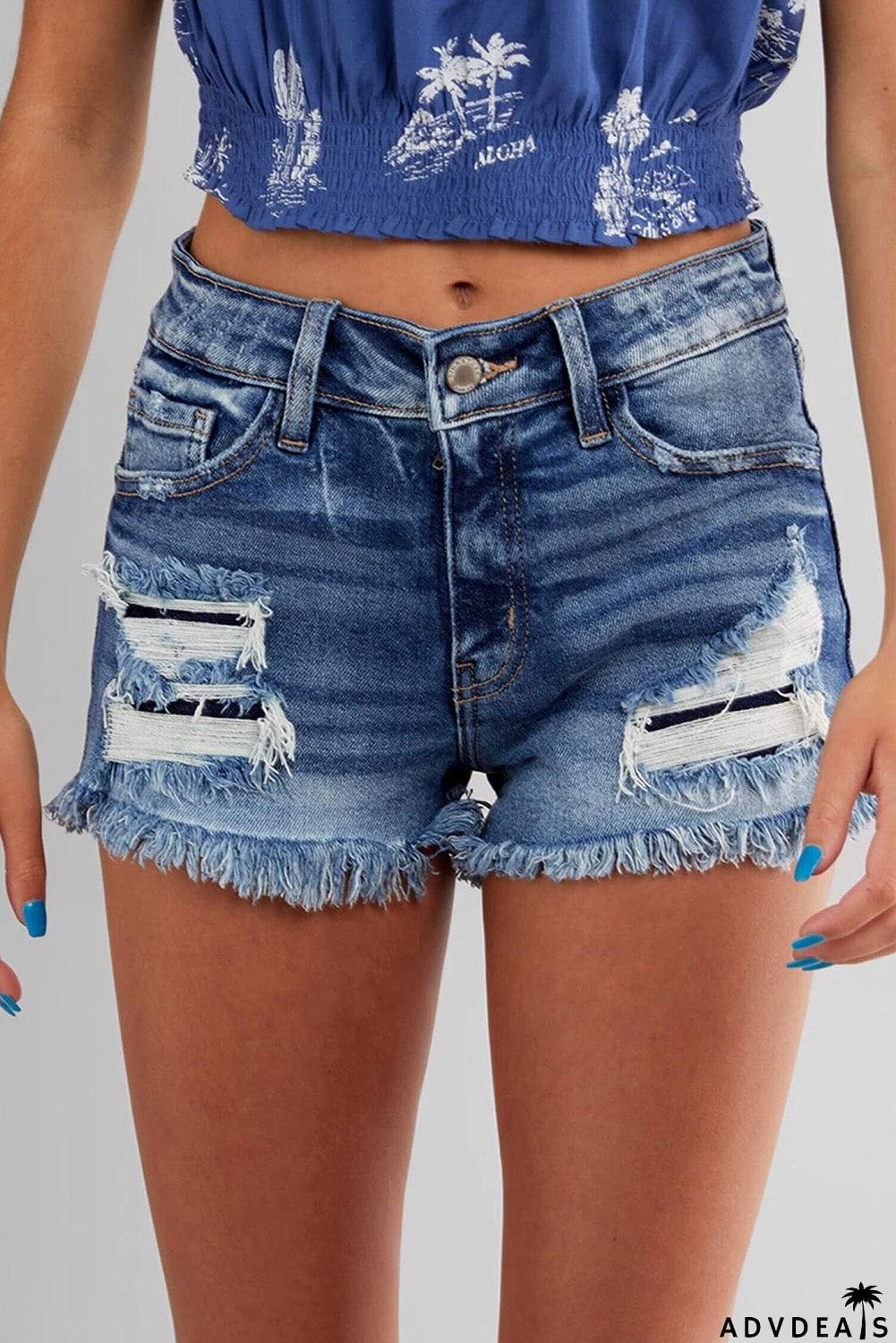 Frayed Hem Mid Waist Denim Shorts