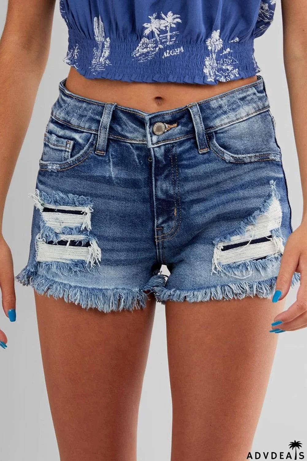 Frayed Hem Mid Waist Denim Shorts
