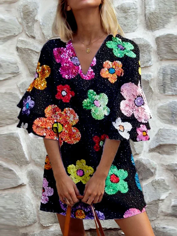 Pleated Sequin Floral Dress