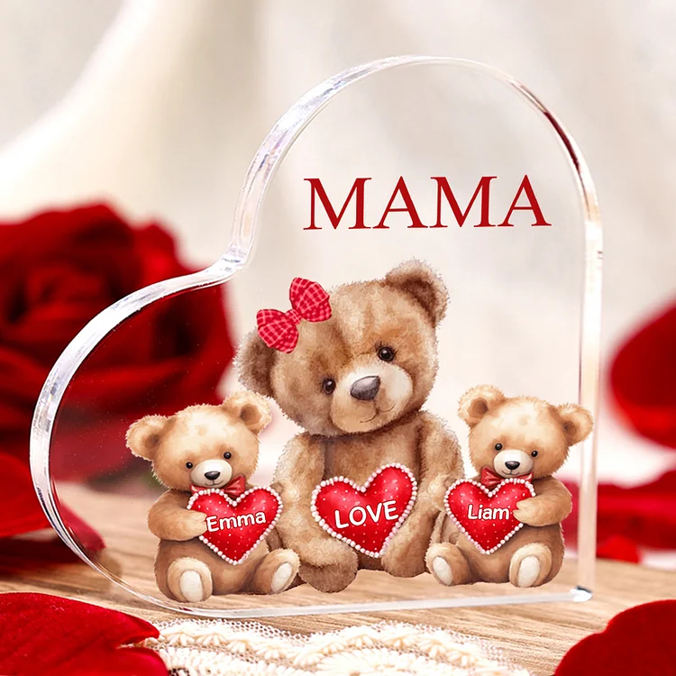 Personalisierte 2 Namen & Text Teddybär Familie Acryl-Deko Schreibtischdekoration für Mutter