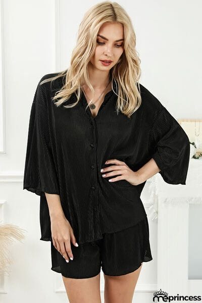Pleated Button Up Shirt and Shorts Lounge Set