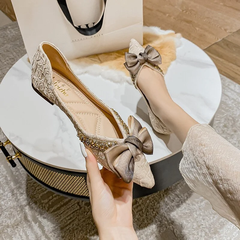 elegant laides lace bow flats pointed toe crystal glitter decoration ballerinas shoes woman silk pleated loafers big size 43