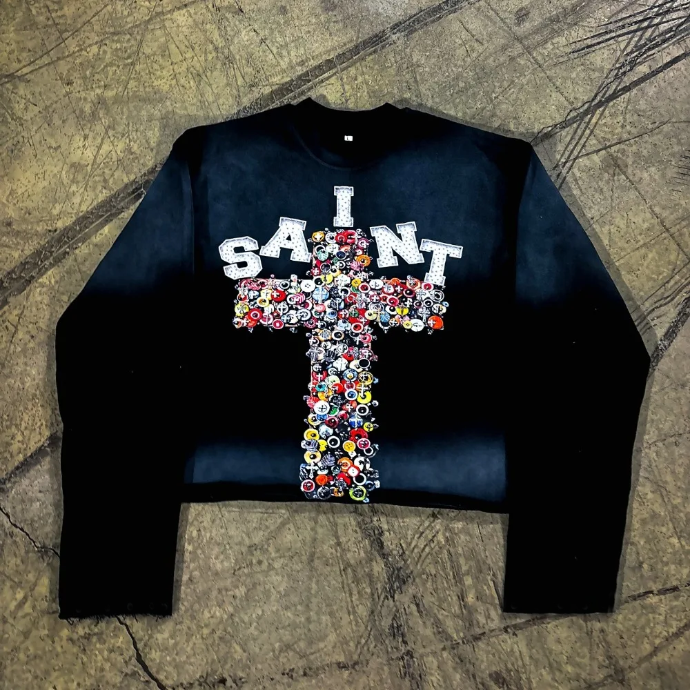 Vintage Saint Graphic Acid Washed Oversized Long Sleeve T-Shirt