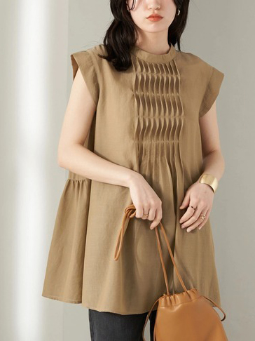 Pleated Stand Up Collar Sleeveless A-Line Loose Blouses