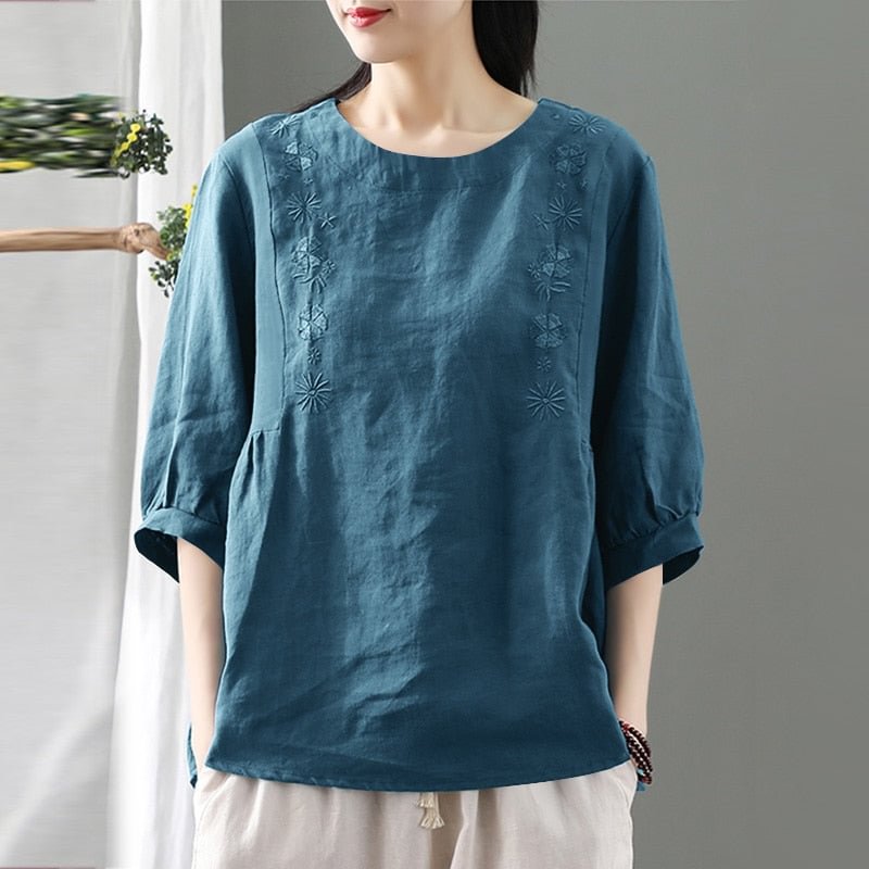 ZANZEA Women Vintage 3/4 Sleeve Cotton Tops Elegant Floral Shirt Casual Solid Work Blusas Oversize Summer Embroidery Blouse