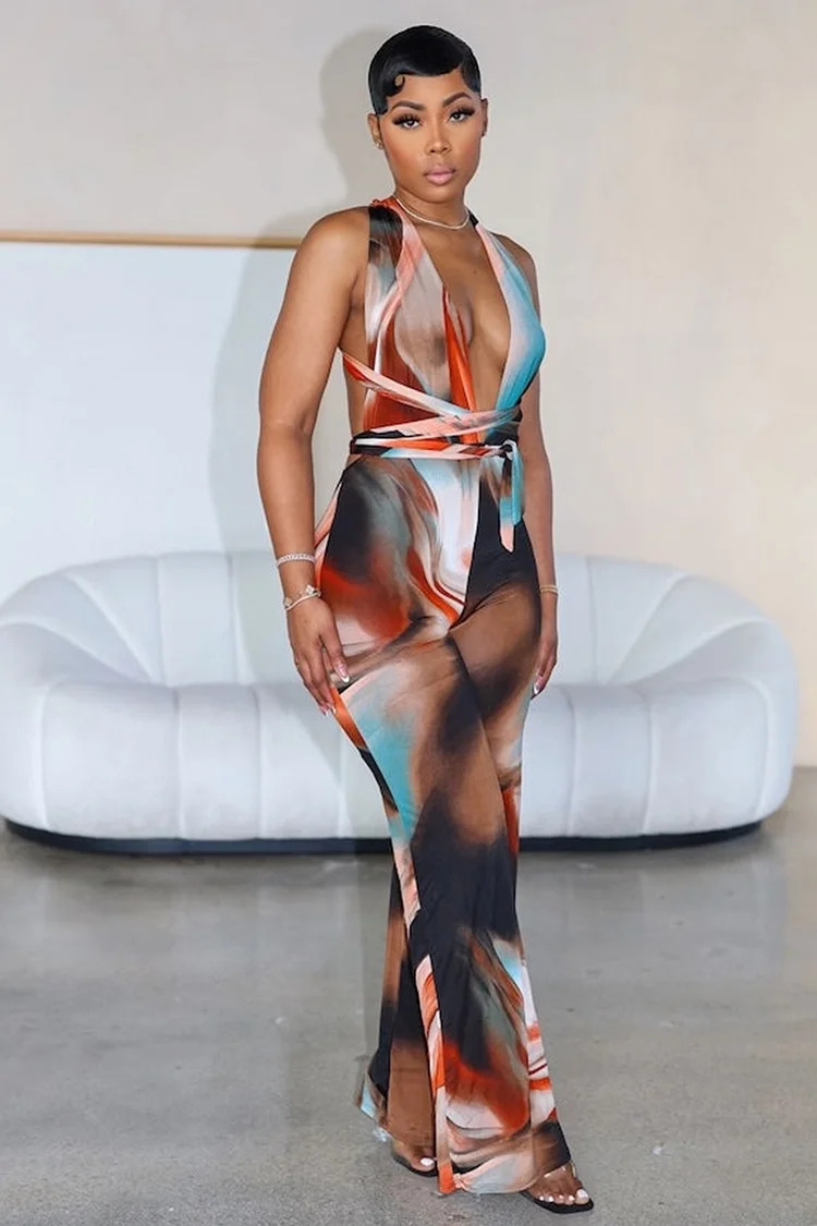 Deep V Halter Backless Swirl Print Wide Leg Jumpsuit-Multicolor