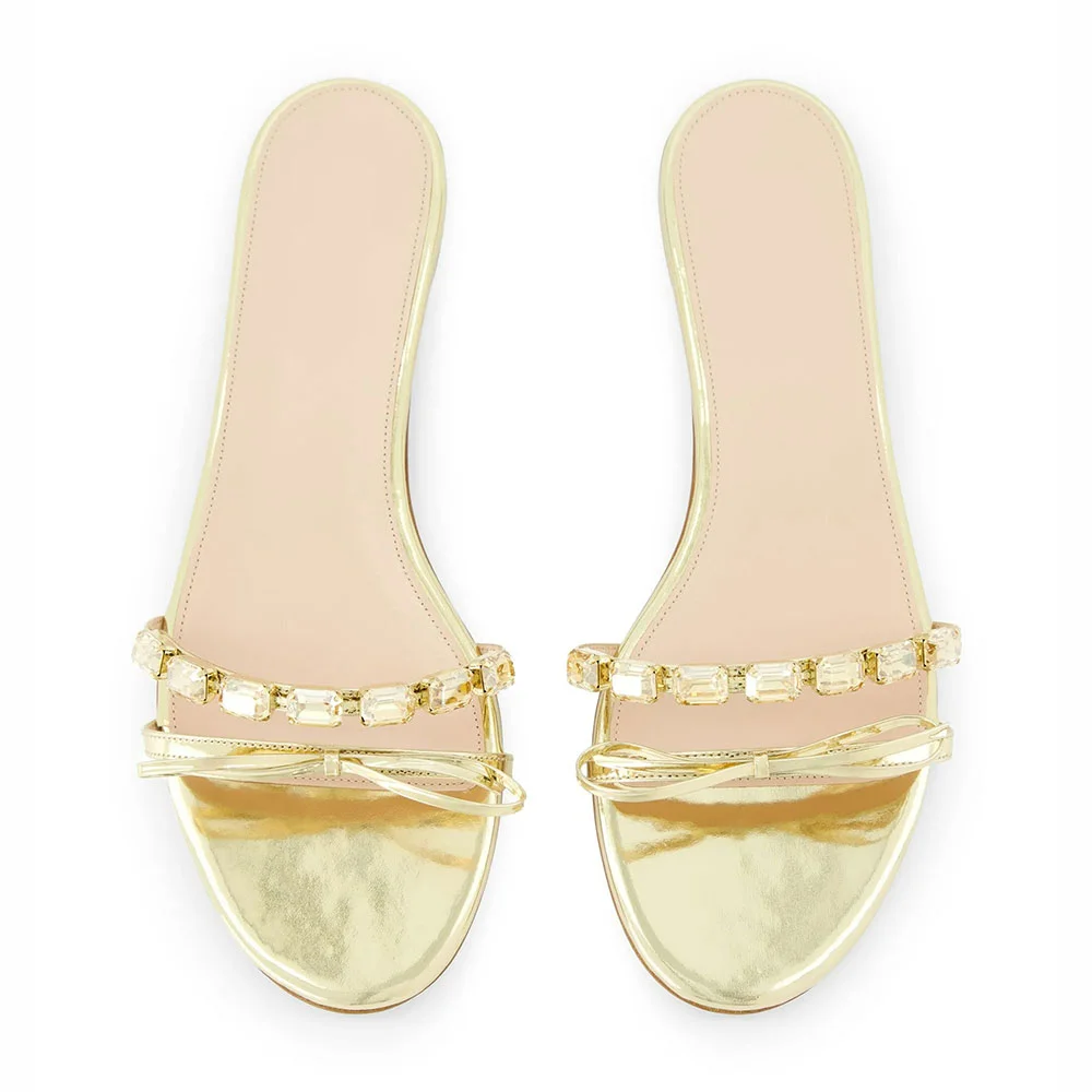 Gold Metallic Round Toe Flat Rhinestone Slides for Women with Bow