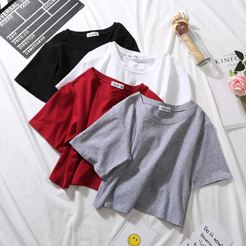 Churchf Churchf Top White Short T-Shirt Female Summer Short Sleeve Korean Version Pure Color Students High Waist Leakage Navel Loose Versatile