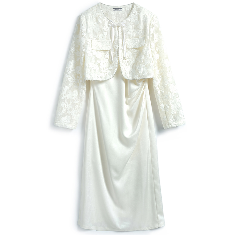Usasaleprint MIUCO Chinese Sle Short Lace Jacket + Pleated Split Vest Dress Two-Piece Set OL Sle High Waist Long Sleeve Midi Dress