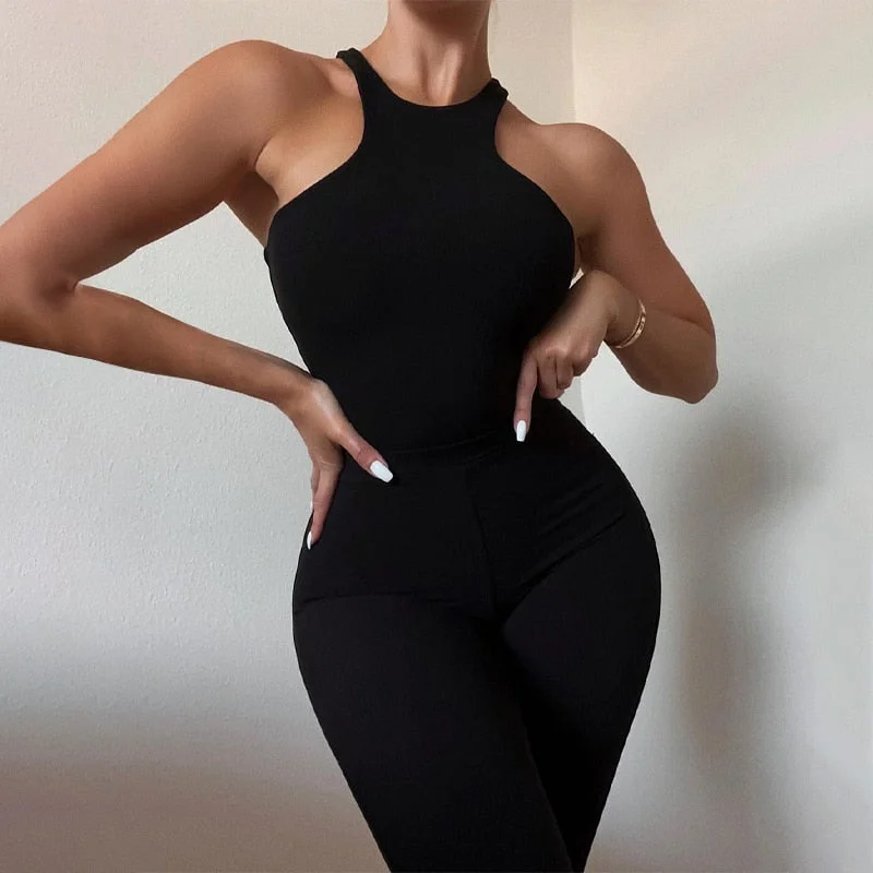 Dulzura Ribbed Women 2 Pieces Crop Top Tanks And Legging Set Bodycon Sporty Streetwear Tracksuit Work Out Elegant 2021 Summer