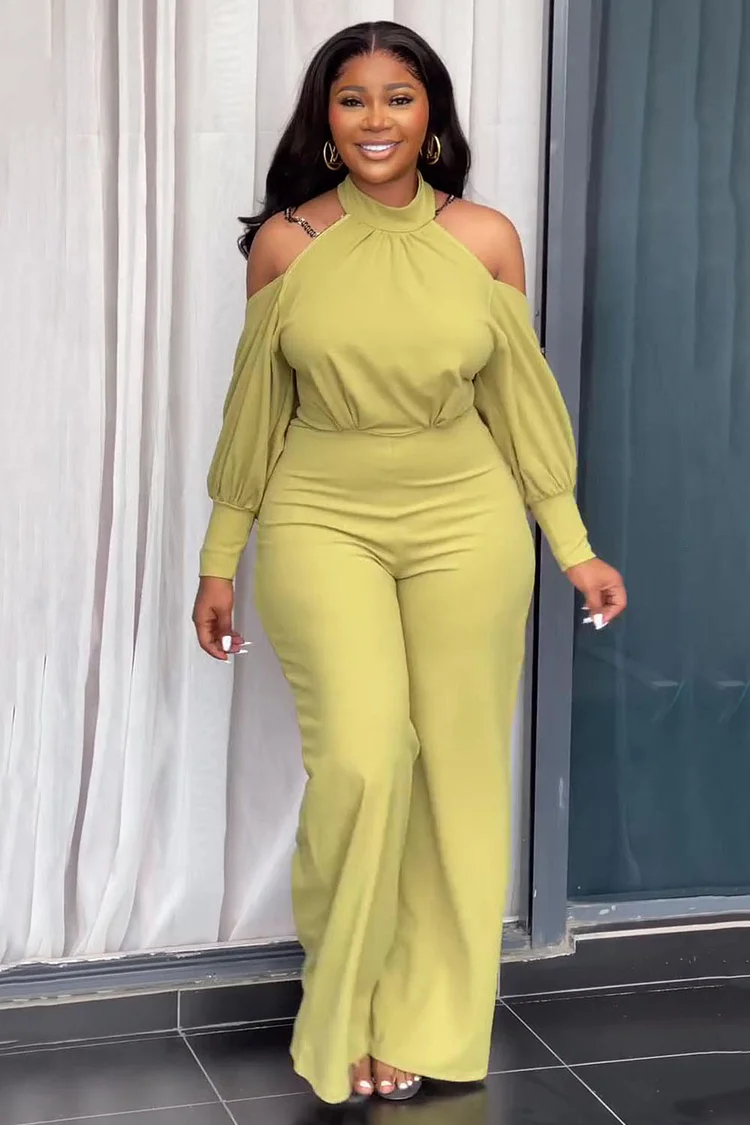 Cold Shoulder Lantern Sleeve Backless Wide Leg Jumpsuit-Green