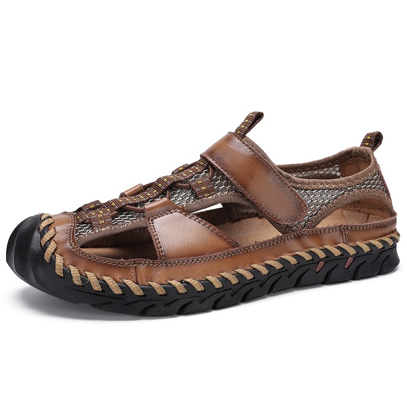 Men Closed Toe Leather Mesh Hand Stitching Outdoor Non-Slip Sandals | ARKGET