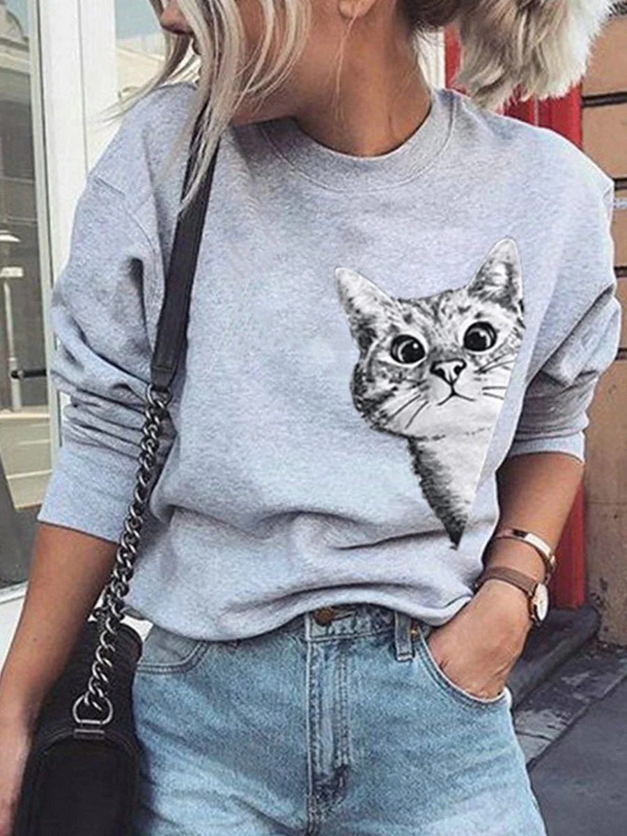 Fashion Cartoon Cat Printing Casual Sweatshirt (Right)