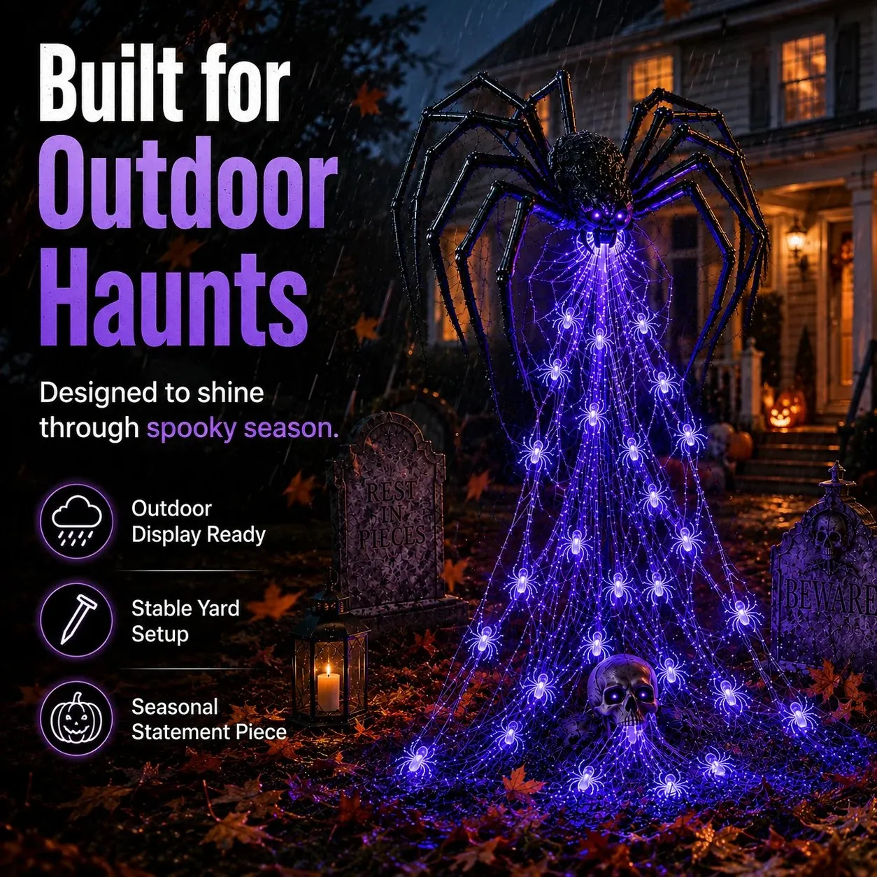 Giant Halloween spider web light displayed outdoors in a decorated front yard