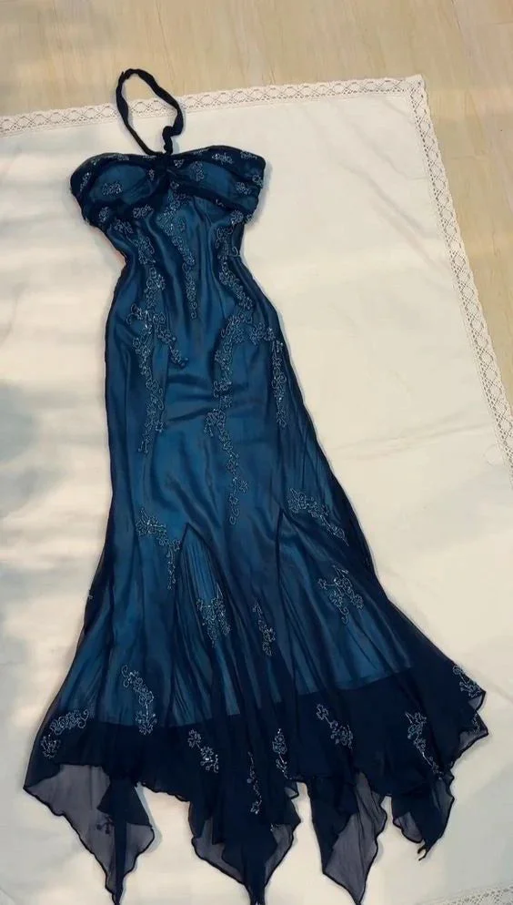 Dark Blue Fairy Mermaid Beaded Long Chiffon Formal Prom Evening Dress Wedding Guest Party Gown Dress Greek Halter Neck b