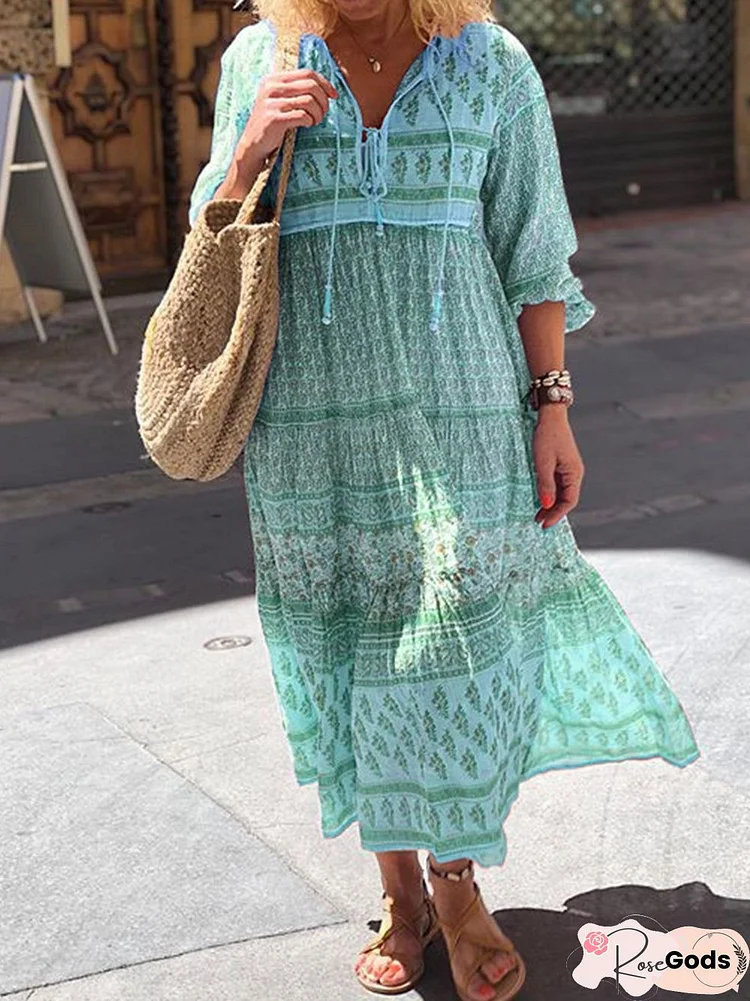 Boho Floral Maxi Weaving Dress Shift Women Long Sleeve Beach Weaving Dress