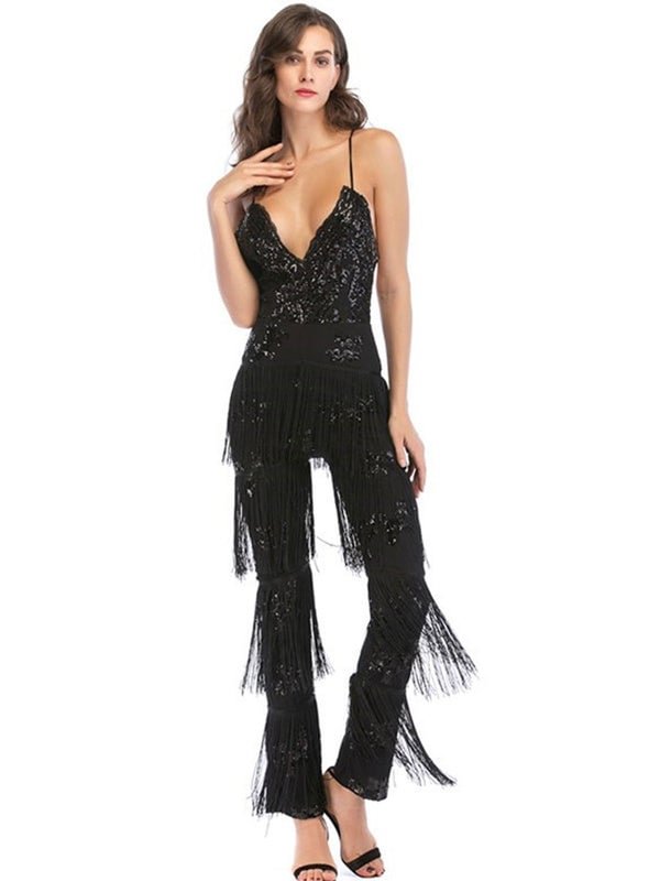1920 Flapper Jumpsuit Black Great Gatsby Costume Sequined Fringes Women Halloween Costume Novameme