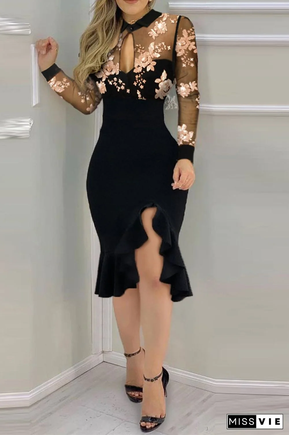 Sheer Mesh Floral Embroidery Ruffle Dress