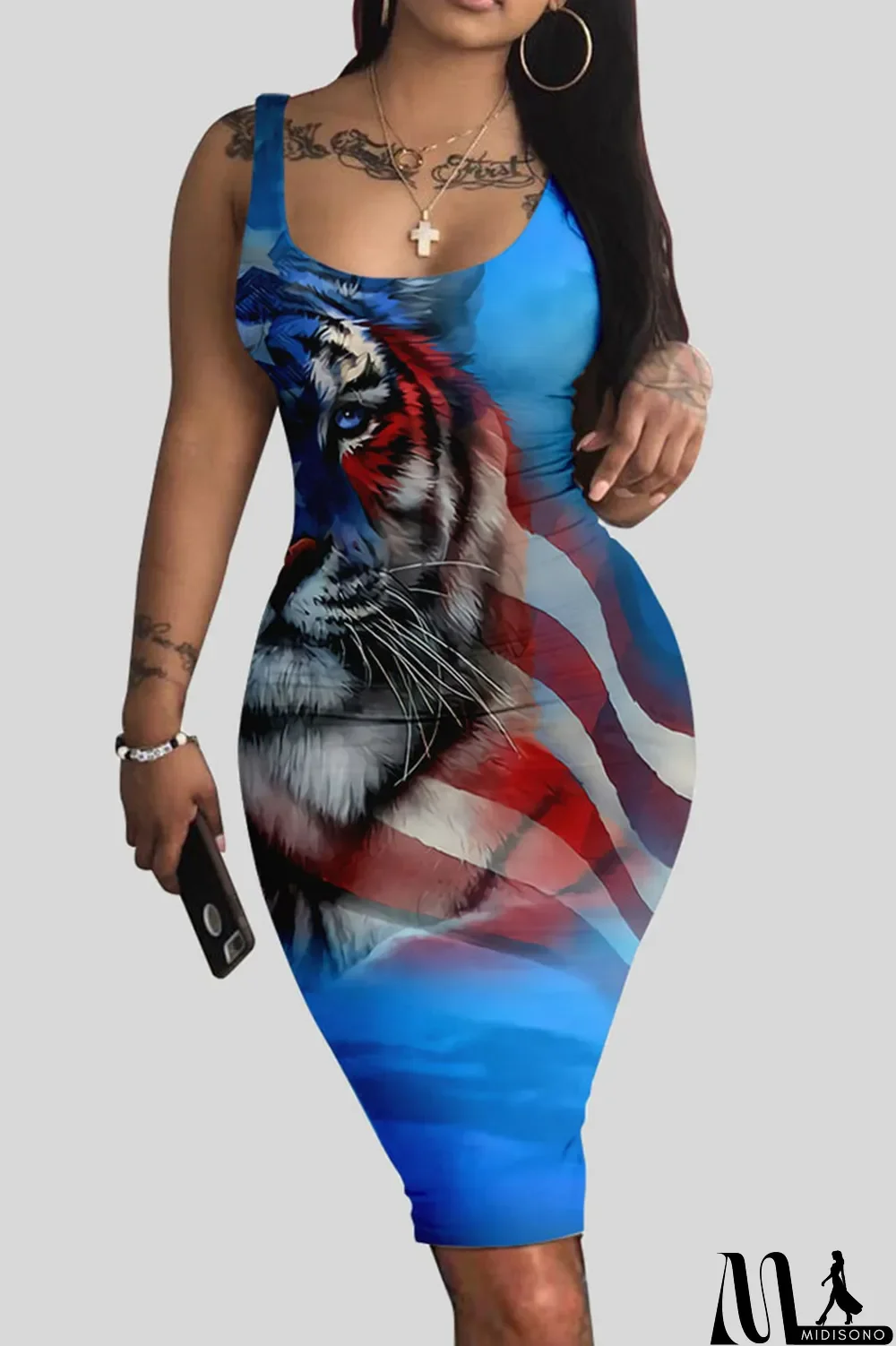 MidiSono - Rose Red Blue Sexy Print Patchwork U Neck Pencil Skirt Dresses