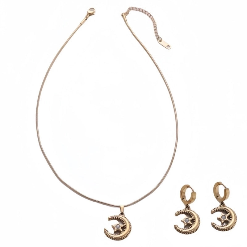 Titanium Steel Elegant Lady Inlay Star Moon Zircon Earrings Necklace Jewelry Set