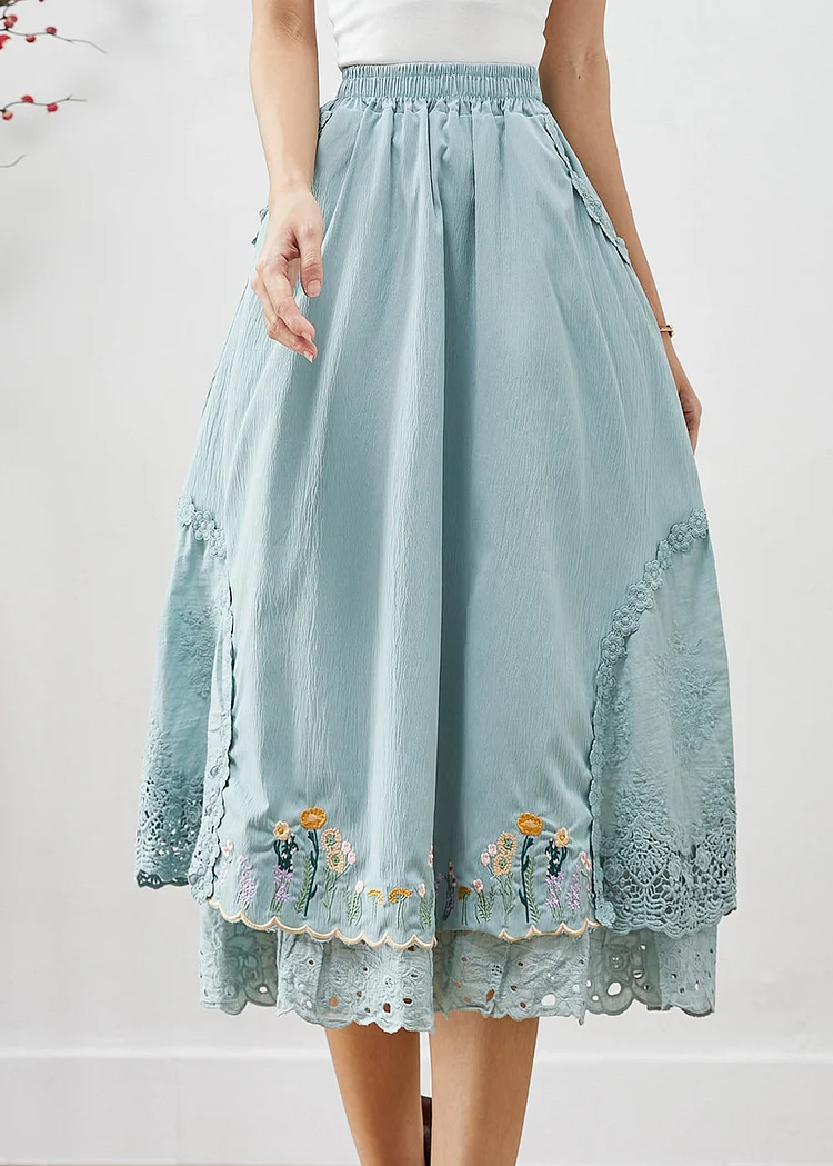 Natural Sky Blue Embroideried Patchwork Cotton Skirt Fall