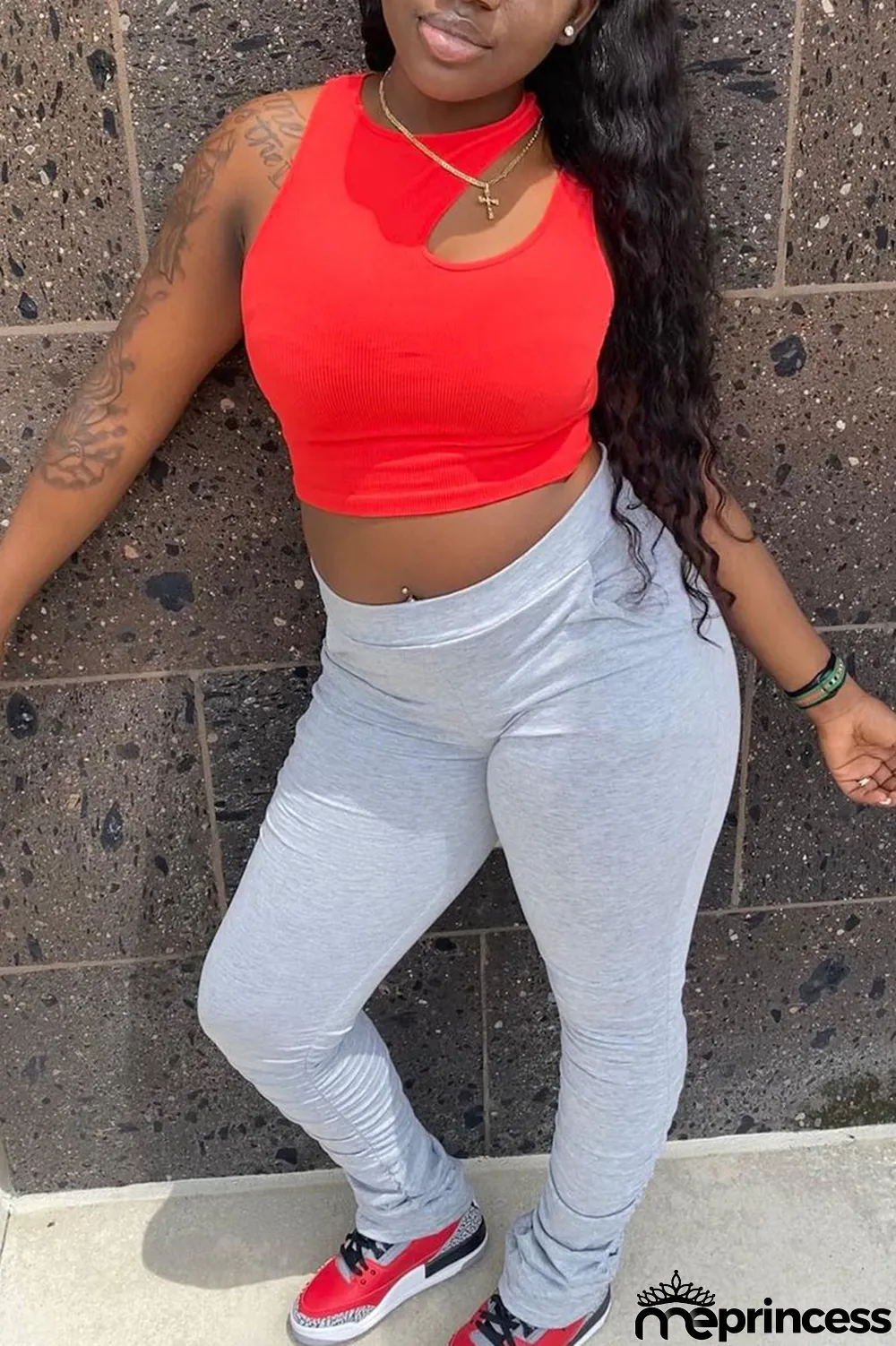 Red Sexy Sportswear Solid Fold O Neck Sleeveless Two Pieces