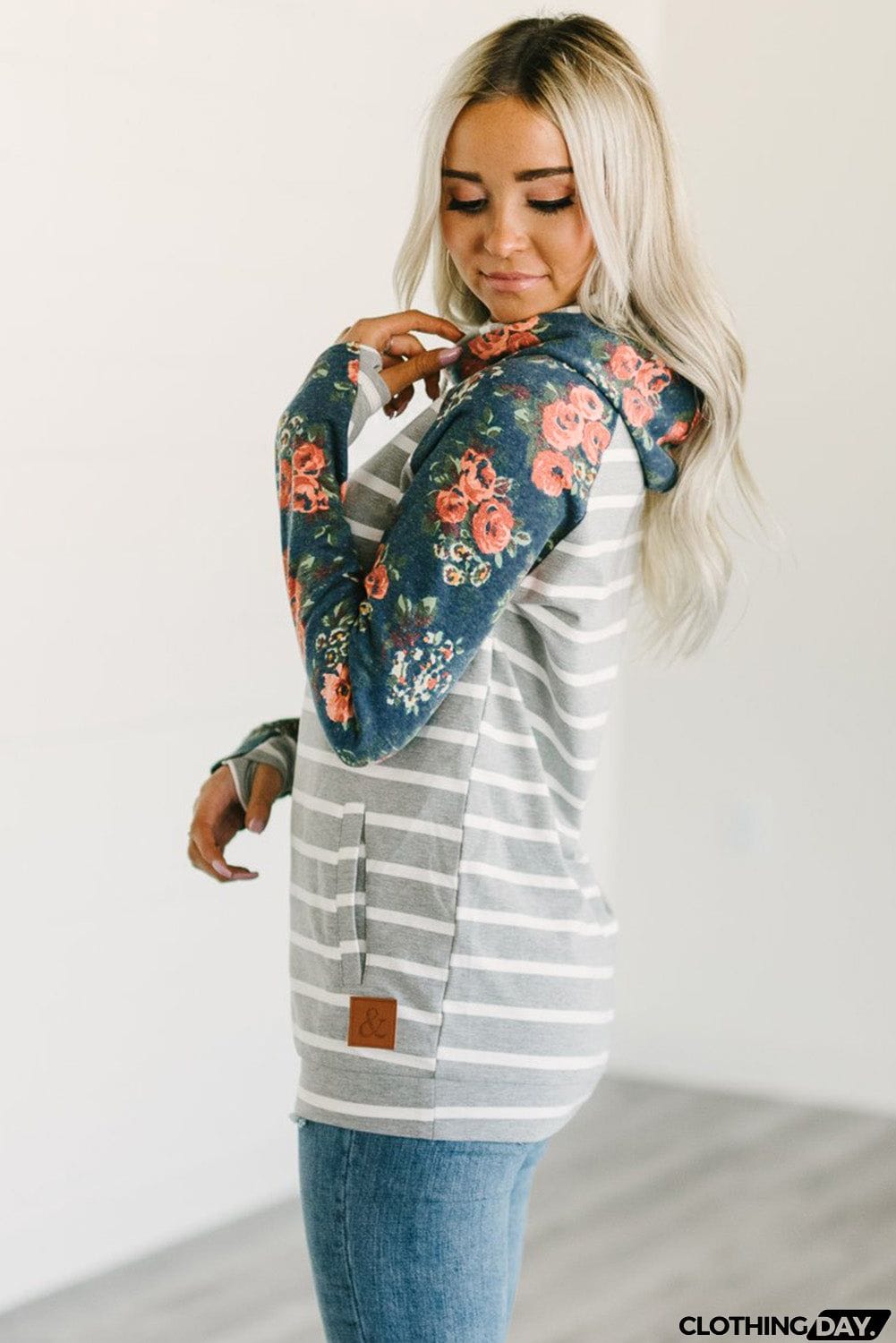 Striped Floral Print Long Sleeve Zipper Hoodie