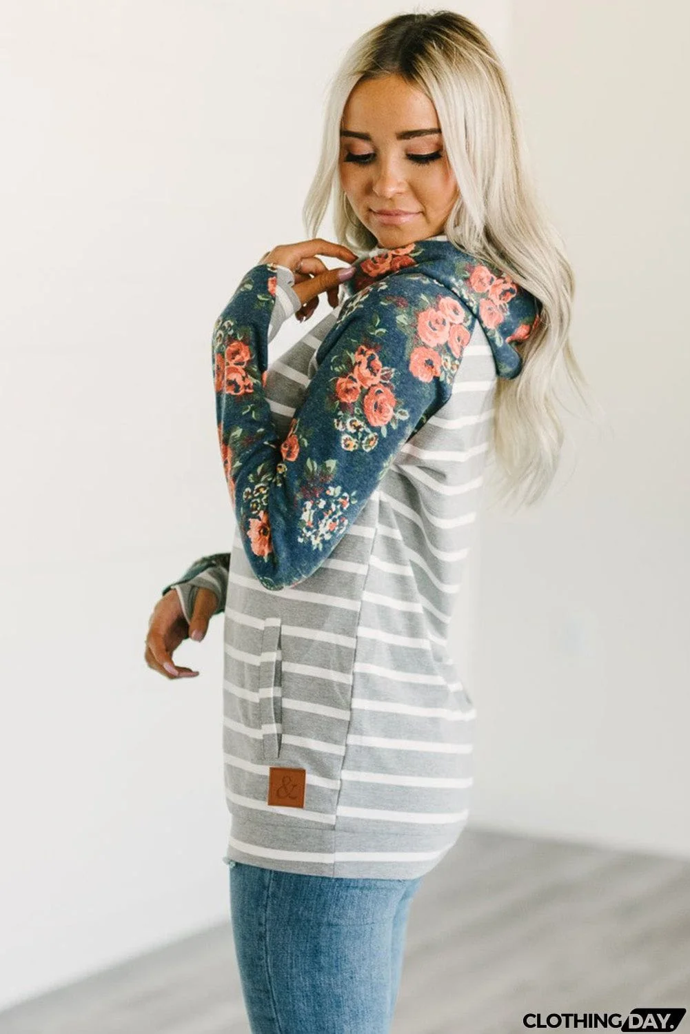 Striped Floral Print Long Sleeve Zipper Hoodie