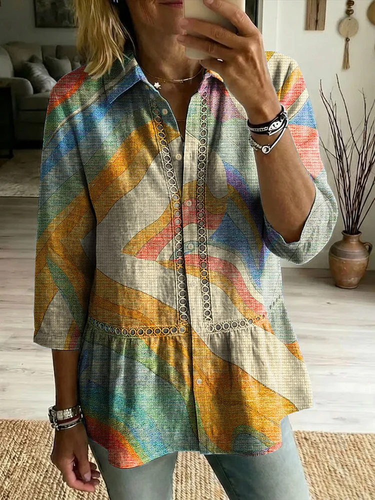 Floral Flowers Art Patterns Casual Patchwork Openwork Webbing Linen And Cotton Shirt