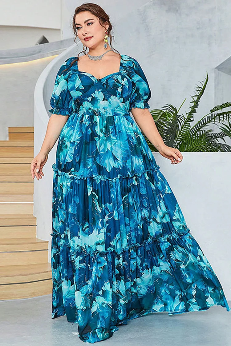 Plus Size Casual Blue Floral Print Puff Sleeve Tiered Tunic Maxi Dress  Flycurvy [product_label]