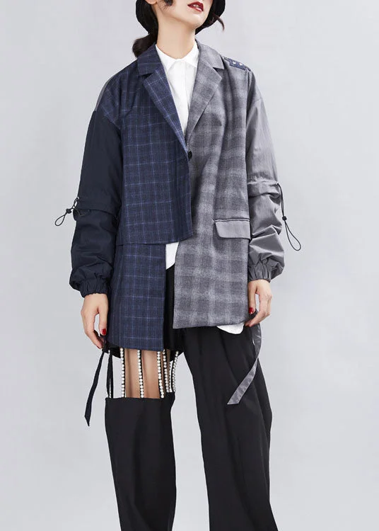 Simple Grey Patchwork Plaid asymmetrical design Fall Coats Long sleeve