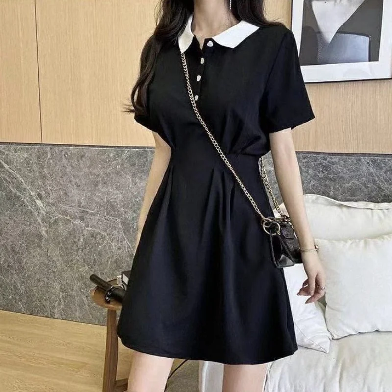 Short Sleeve Dress Women Ins Empire Simple Black Basic Summer Trendy Preppy Girls Clothing Leisure A-line Mujer Vestido Retro