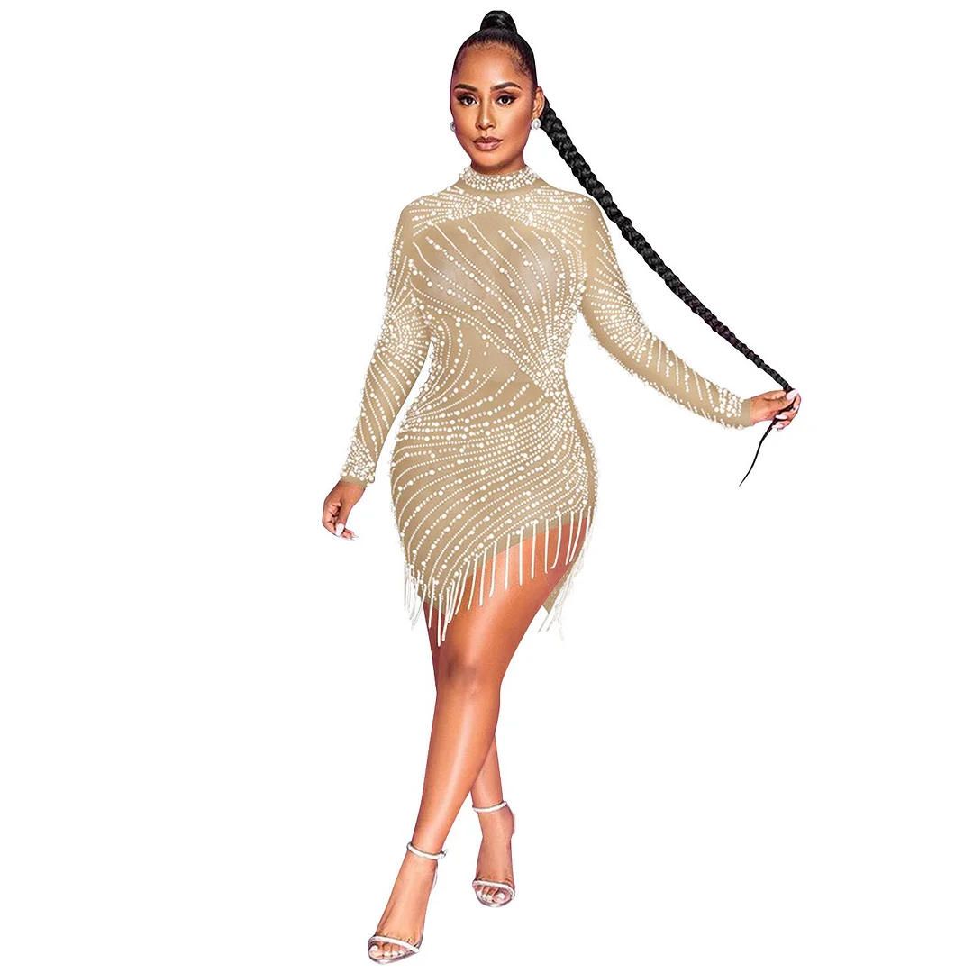 Woman dress prevalent Summer turtleneck false diamond long sleeve tassels Dresses Casual Vestidos dropshipping XXZX5216